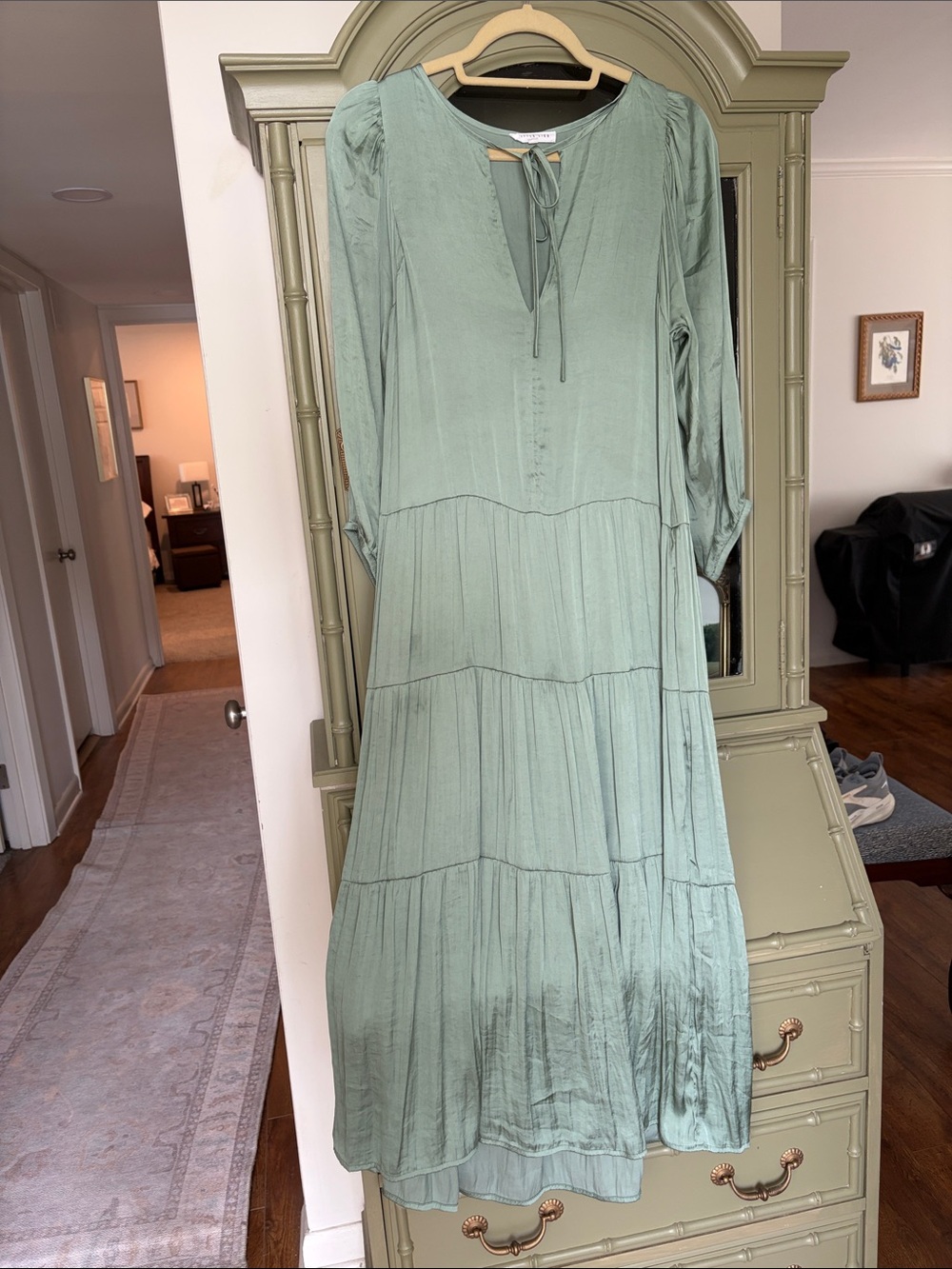 Sage Tiered Long-Sleeve Maxi Dress with Tie Neck